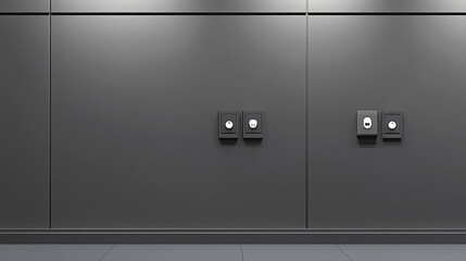 Power sockets and plug on gray wall. 