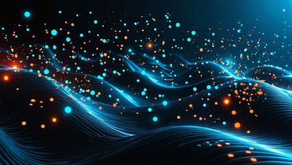 Rumbling Waves of Blue and Orange Glitter Particles, Abstract Digital Representation Concept