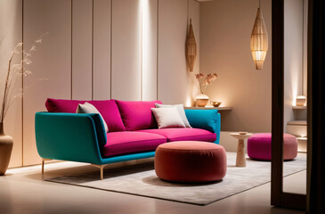 Minimalist, japandi interior design of modern stylish living room with colorful sofa and pouf