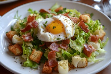 Close-up of Salade Lyonnaise on a white plate with fresh fris&eacute;e, a runny poached egg, crispy croutons, and rich lardons, set on a deep-toned table in a warm, authentic French restaurant