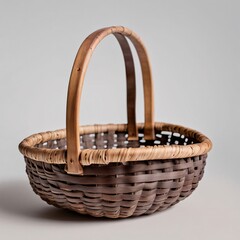 A small, rustic woven basket with a wooden handle, photographed on a transparent background, emphasizing its artisanal craftsmanship