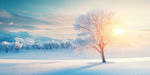 White snow covered tree branch with sunlight