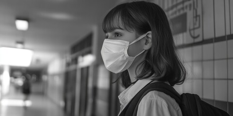 A student wearing a face mask while standing in a school hallway, emphasizing health precautions during the COVID-19 pandemic.