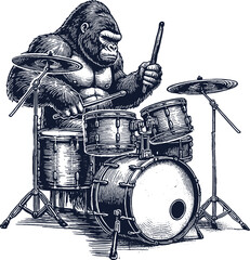 gorilla playing drums style engraving hand drawn vector © Dmytro