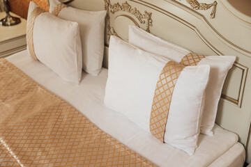 minimal double bed with white mattress in luxury hotel bedroom