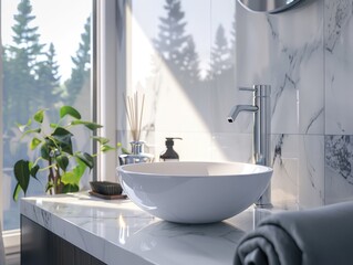 This modern bathroom interior features a sleek, minimalist design with clean lines and natural lighting. The white bowl sink is set against a marble countertop, complemented by a stylish faucet.