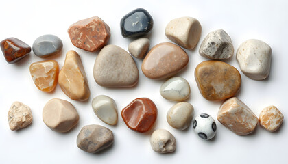 Flat Lay images of different size stones isolated with white highlights, png