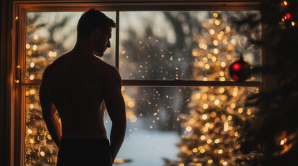 The scene is set in a window, and the man is wearing a shirtless look