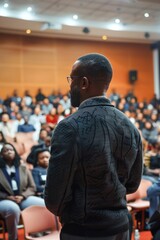 Fototapeta premium Man stands in front of a crowd of people, wearing a gray jacket and glasses. He is giving a speech or presentation, and the audience is attentive. Concept of authority and professionalism