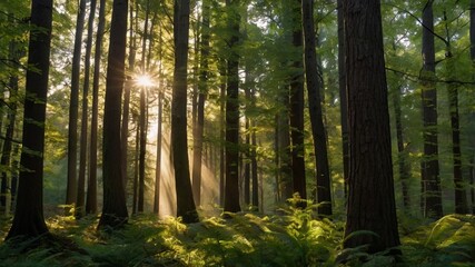 Obraz premium Tall, dense trees reaching high with vibrant sunlight streaming gently through lush, green leaves. The dappled, golden light creates a warm, enchanting, and inviting forest scene, evoking calm, peacef
