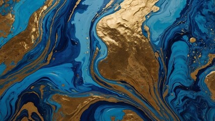 Fototapeta premium Hand-painted background featuring an exquisite blend of mixed liquid blue and shimmering golden paints. Emphasis on classic blue, a defining color of the year 2020, in abstract fluid acrylics.