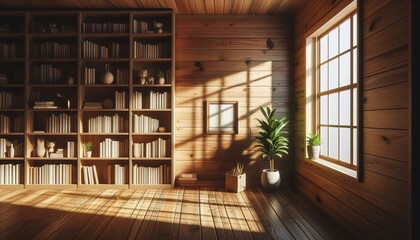 Room wooden style rustic with books concept interior design decoration lighting window