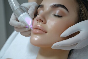 Naklejka premium Aesthetic facial treatment using advanced technology on a young woman's skin during a modern skincare session