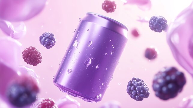 A purple soda can surrounded by berries on a pink background