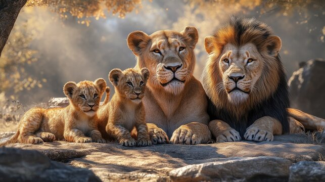 A pride of lions, including two cubs, pose together on a rock in the golden light of the savanna.