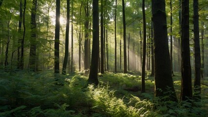 Obraz premium tranquil forest scene featuring tall, lush green trees, vibrant foliage, dappled sunlight gracefully filtering through dense leaves, creating a serene atmosphere that evokes deep calmness and profound