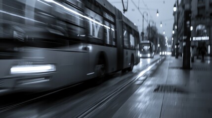 Fototapeta premium Buses and cars speeding down a rain-soaked street at night, capturing the busy energy of urban transportation.