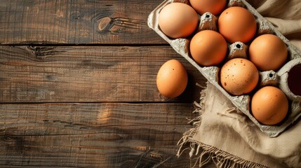 Close-up view of chicken eggs in a container on a wooden background.