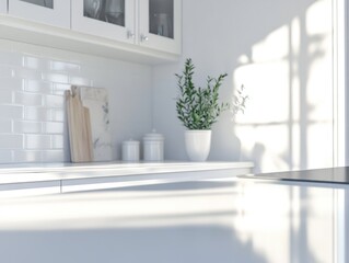 A modern kitchen with white cabinets, stainless steel appliances and a backsplash. The space is sunlit and clean.