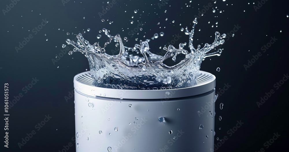 Poster water splashes against a white cylinder, creating a crown of droplets against a dark background