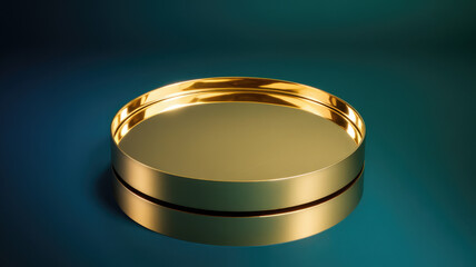 A sleek, modern golden tray on a gradient teal background, showcasing its polished surface and minimalist design, perfect for elegant presentations or decor.