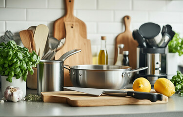 A close-up of a kitchen counter with stainless steel cookware, a sharp knife, and lemons ready for cooking