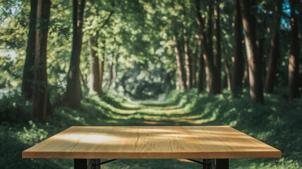 Obraz premium A rustic wooden table set in a serene forest, surrounded by lush greenery and dappled sunlight, perfect for outdoor gatherings and peaceful reflections.