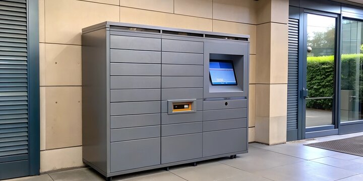 Modern gray parcel locker kiosk outside a building for package delivery and retrieval