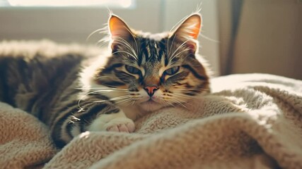 Seamless cozy background Cute lounging virtual cat blanket looking looping animation 4k time-lapse video content Generated soft kitten pet animal felino fur domestic tabby eye white sleeping sleep be