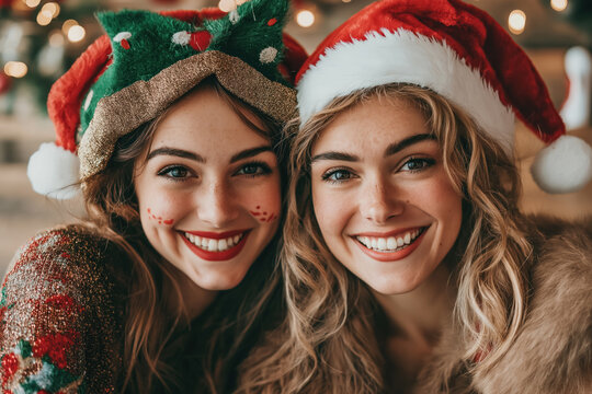 two friends in festive attire celebrating christmas together with joyful expressions and holiday decor