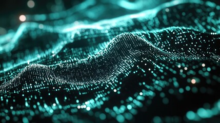 Digital abstract with vibrant turquoise and black hues, representing data streams in a neural network, suitable for microstock