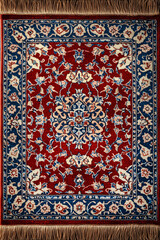 Top-down view of a Persian carpet with red and blue floral patterns
