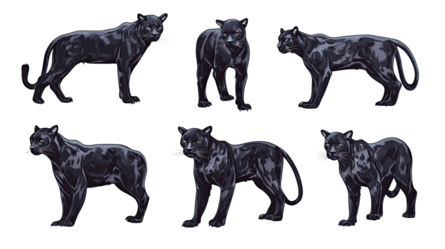 Wild Standing Black Panthers in Various Poses Against Transparency Generative AI