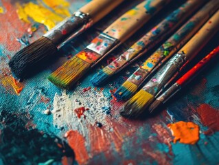 Obraz premium Bunch of paintbrushes with various colors and sizes, sitting on a canvas in an art studio.