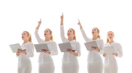 Women in White Shirts Engaging With Laptops and Pointing Upwards Generative AI