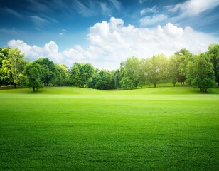 Fototapeta premium Green lawn with green trees background