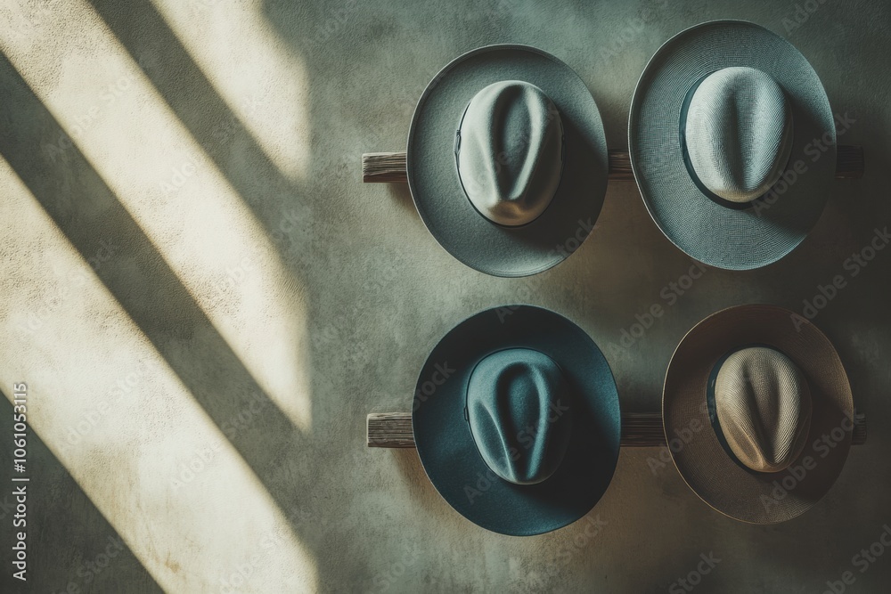 Aufkleber Several classic fedora hats are artistically arranged on a wooden rack, with soft shadows creating a visually striking effect. Generative AI