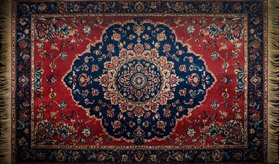 Persian rug with bold floral medallion on a rich red base