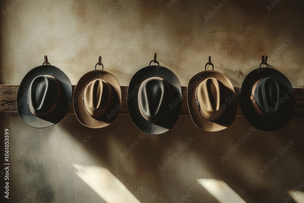 Poster several classic fedora hats are hung on hooks, showcasing their unique shapes and colors against a r