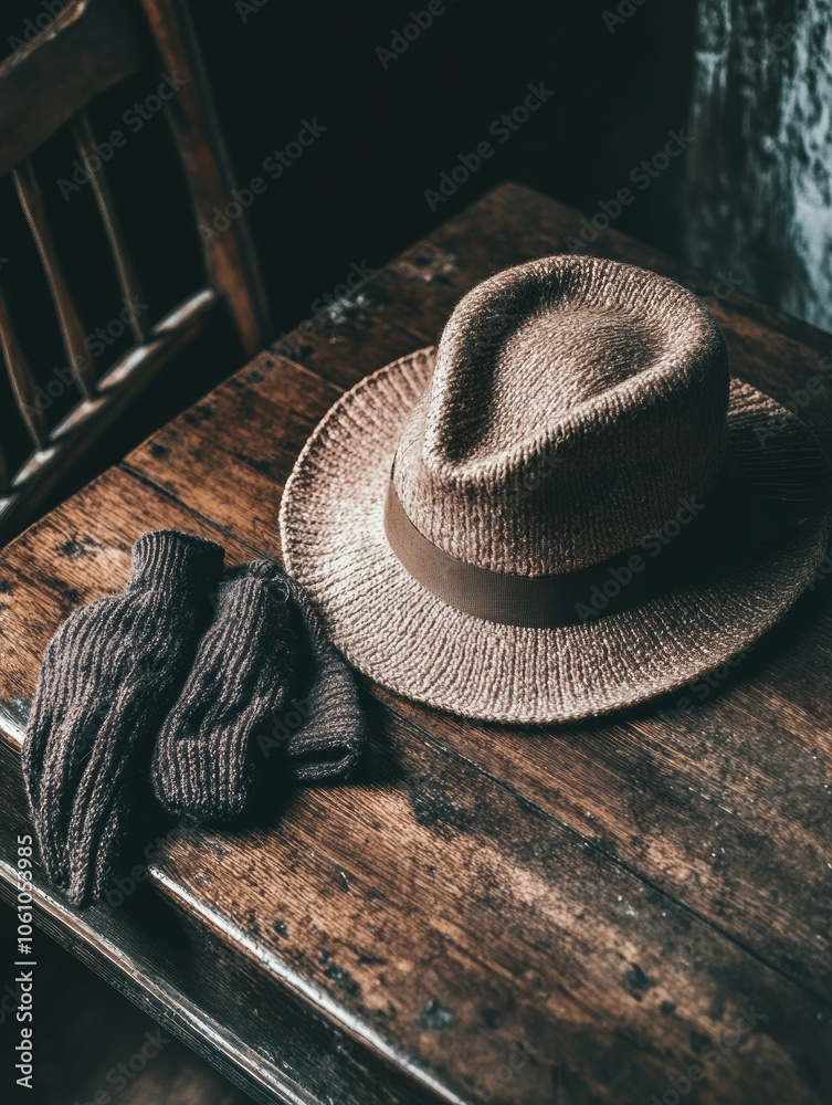 Poster an exquisite vintage ladies hat lies on a rustic table paired with soft knit gloves, creating a warm