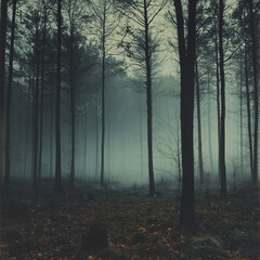 Obraz premium ghostly forest scene with dense fog cloaking bare trees in an eerie, twilight atmosphere