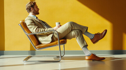 Side view of man sitting on retro chair