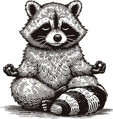 raccoon sits in lotus position relax style engraving hand drawn vector © Dmytro