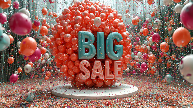 Exciting Big Sale Event Unleash Incredible Deals Surrounded by Colorful Balloons and Festive Confetti for a Joyous Shopping Experience