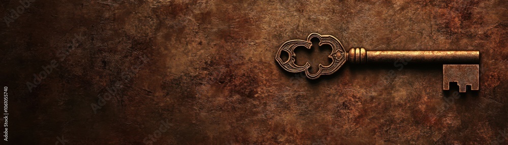 Poster a rusty ornate key on a brown textured background