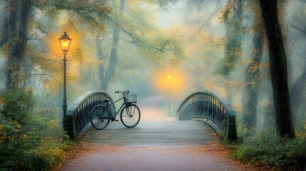 Obraz premium Misty Bridge with Bicycle in Autumn Landscape