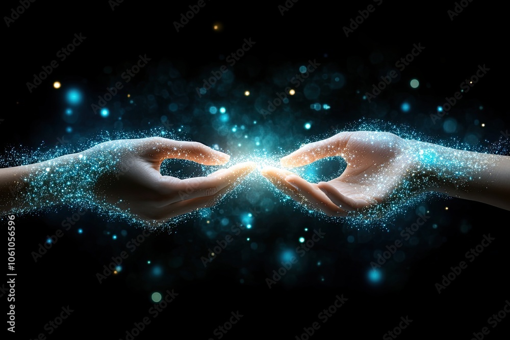 Poster Human and Robot Hands Connecting Within a Vast Global Data Network at Night
