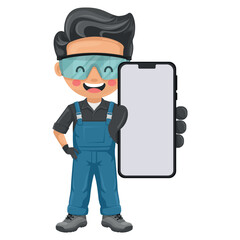 Maintenance technician with mobile phone. Concept of communication, notification and contact. Handyman focused on maintenance tasks, repairs in industrial and domestic environments