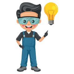 Maintenance technician with a light bulb. Creative concept for the generation of ideas. Handyman focused on maintenance tasks, repairs in industrial and domestic environments