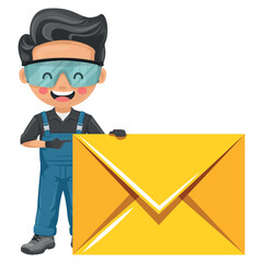 Maintenance technician with letter envelope for email. Concept of communication, notification and contact. Handyman focused on maintenance tasks, repairs in industrial and domestic environments